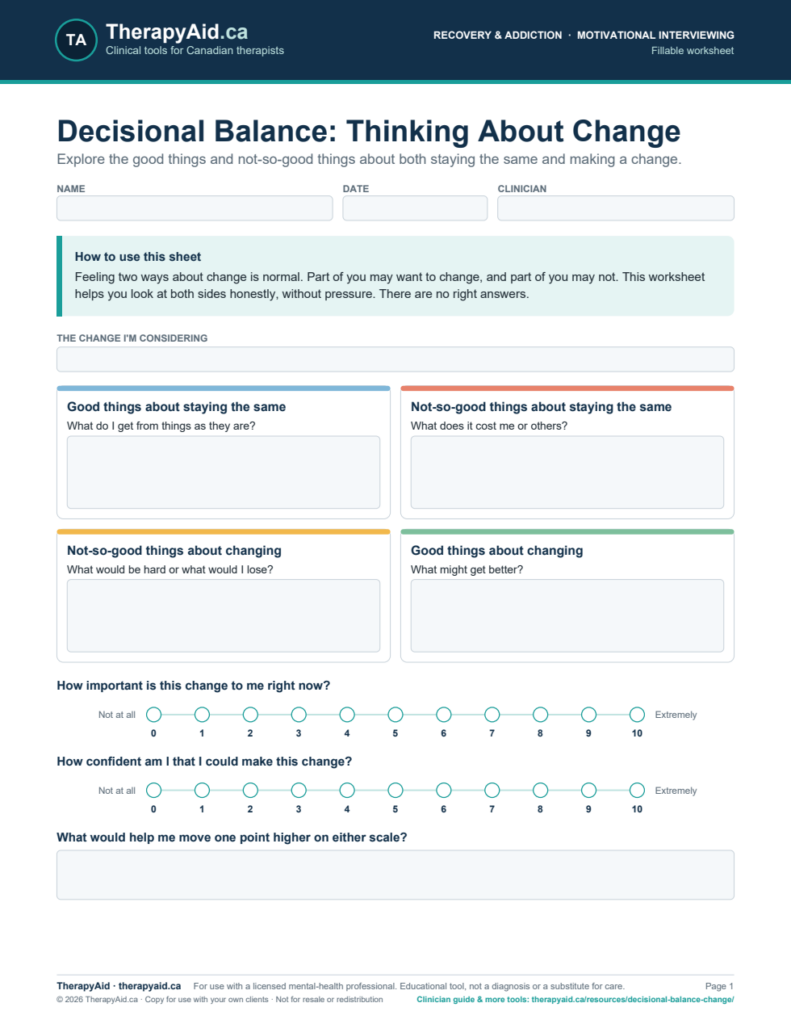 Preview of the Decisional Balance: Thinking About Change worksheet