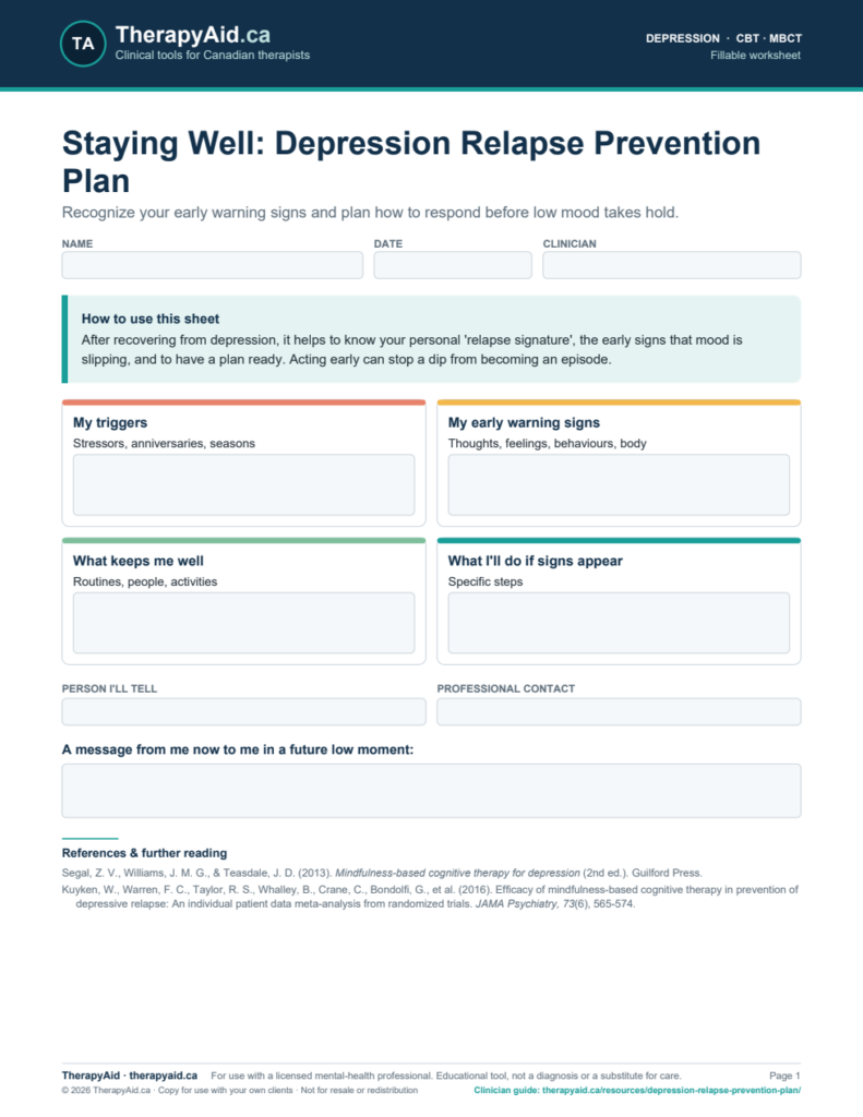 Preview of the Staying Well: Depression Relapse Prevention Plan worksheet