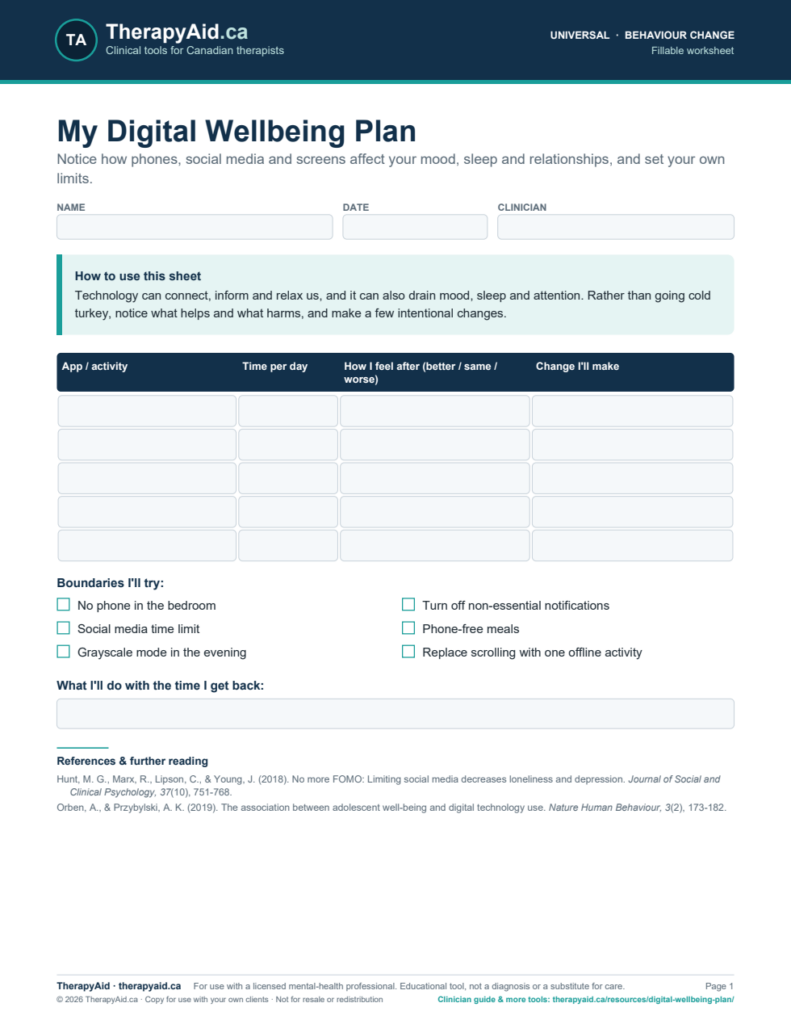Preview of the My Digital Wellbeing Plan worksheet