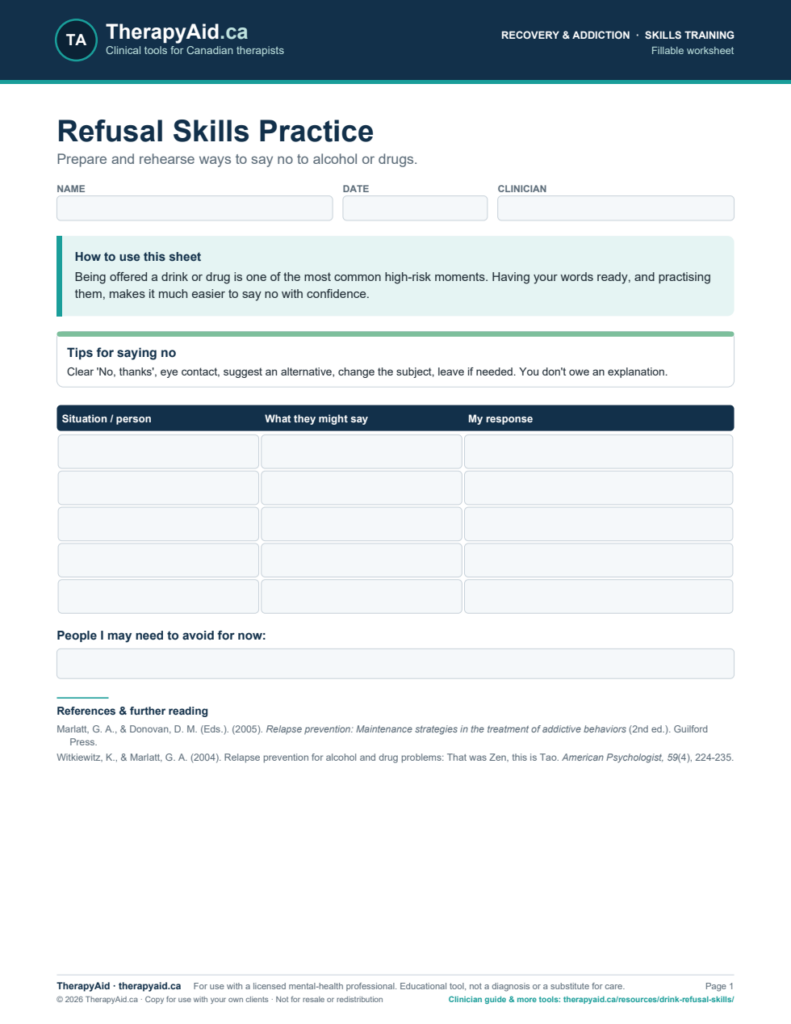 Preview of the Refusal Skills Practice worksheet