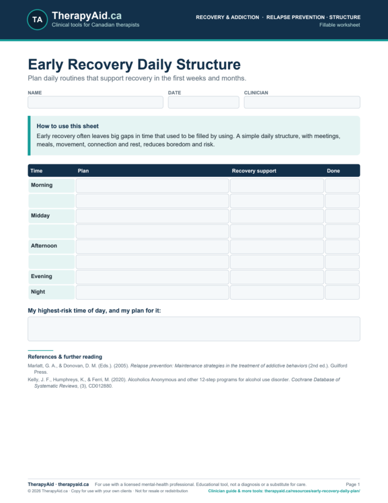Preview of the Early Recovery Daily Structure worksheet