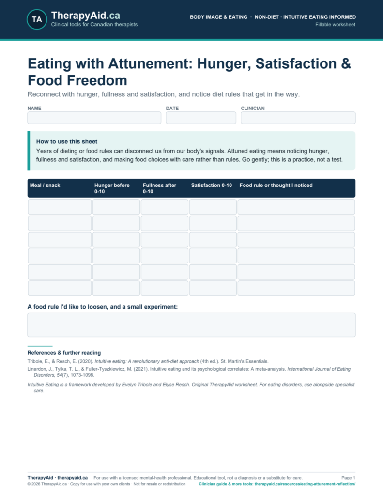 Preview of the Eating with Attunement: Hunger, Satisfaction & Food Freedom worksheet