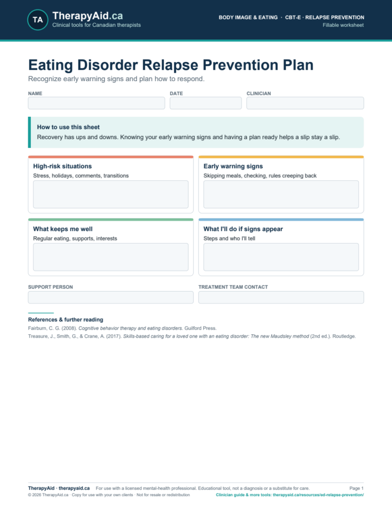 Preview of the Eating Disorder Relapse Prevention Plan worksheet