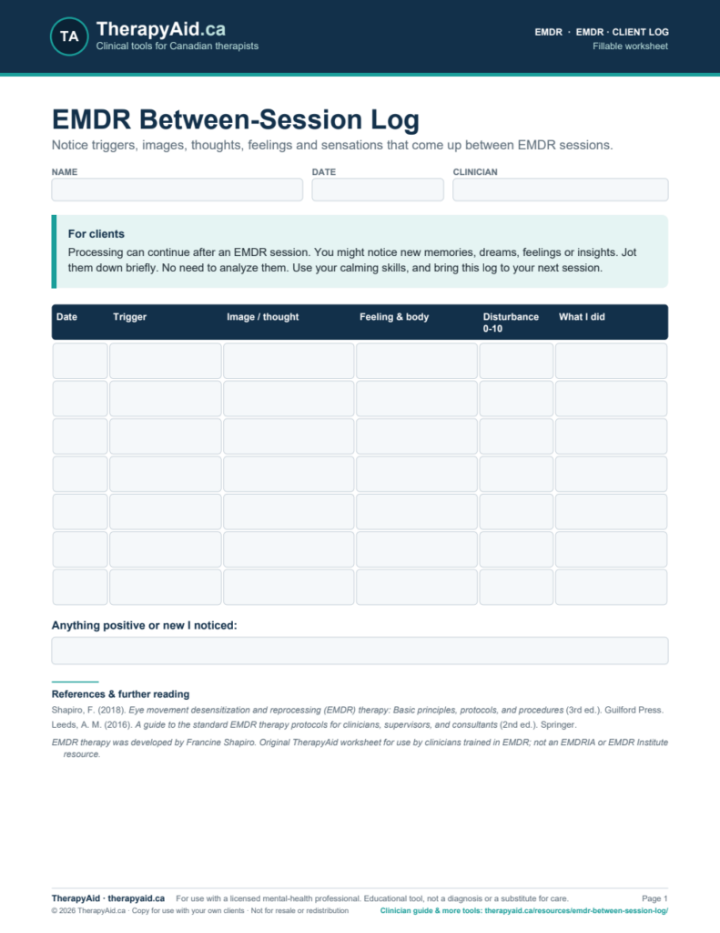 Preview of the EMDR Between-Session Log worksheet