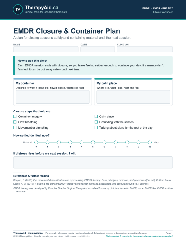 Preview of the EMDR Closure & Container Plan worksheet