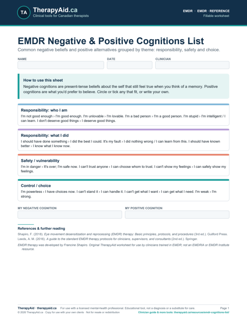 Preview of the EMDR Negative & Positive Cognitions List worksheet
