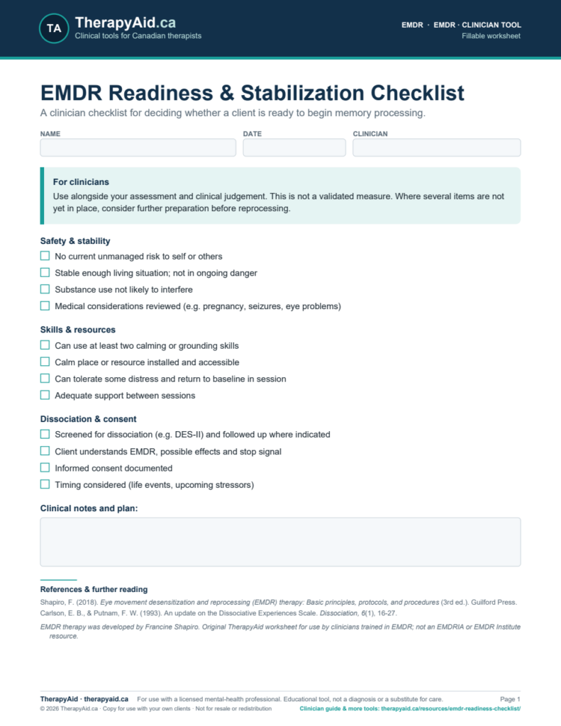 Preview of the EMDR Readiness & Stabilization Checklist worksheet