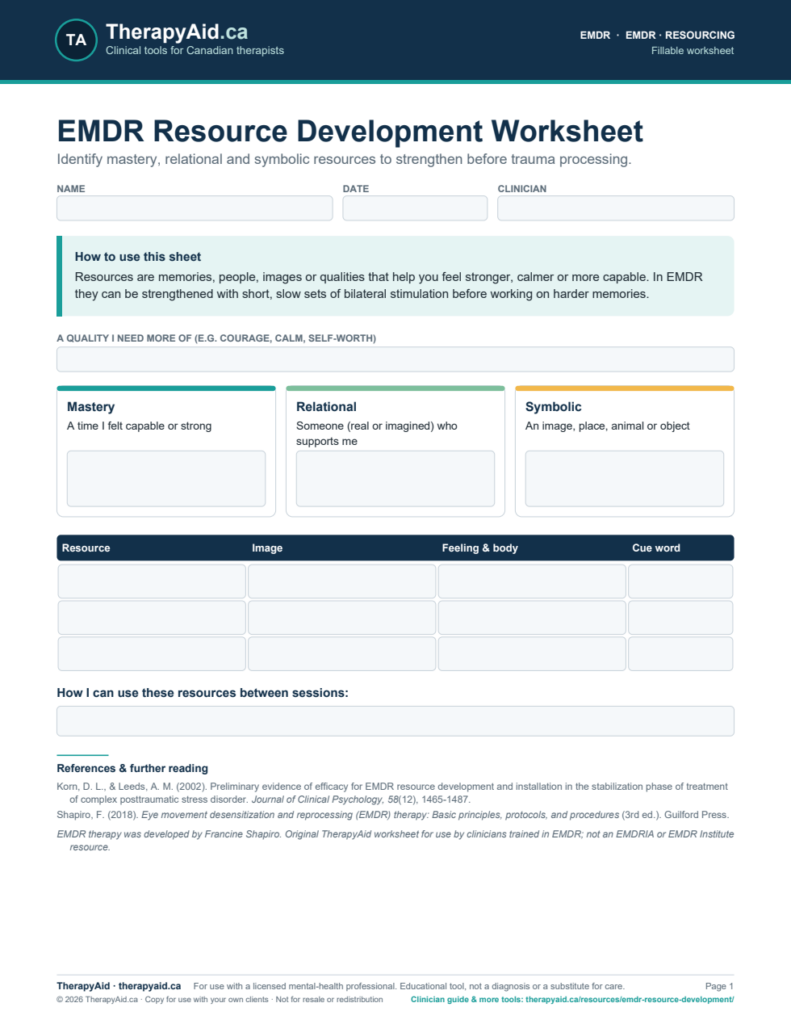 Preview of the EMDR Resource Development Worksheet worksheet