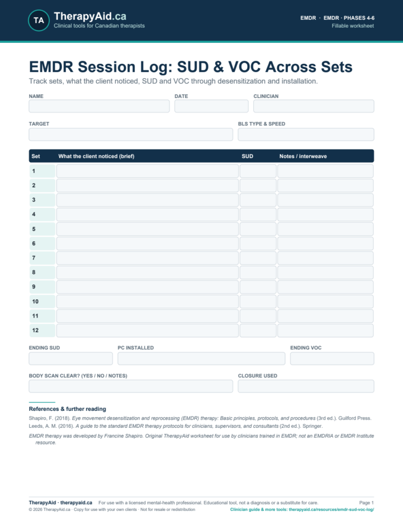 Preview of the EMDR Session Log: SUD & VOC Across Sets worksheet