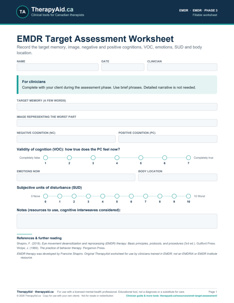 Preview of the EMDR Target Assessment Worksheet worksheet