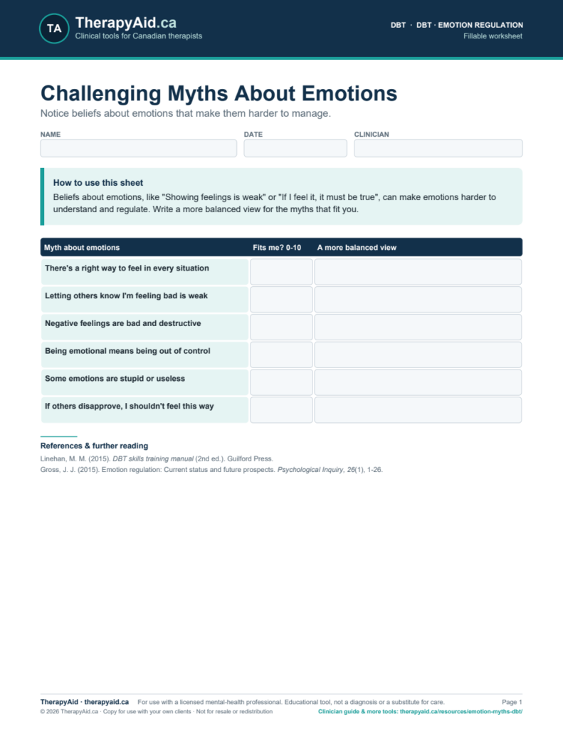 Preview of the Challenging Myths About Emotions worksheet