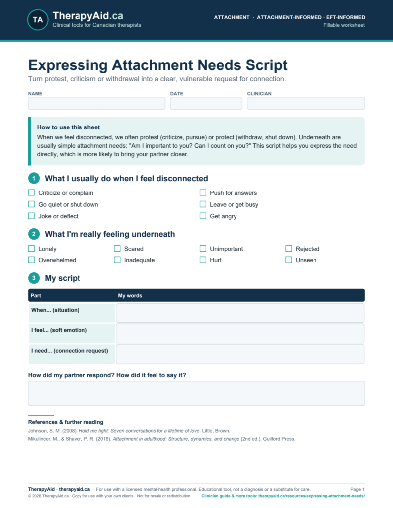 Preview of the Expressing Attachment Needs Script worksheet