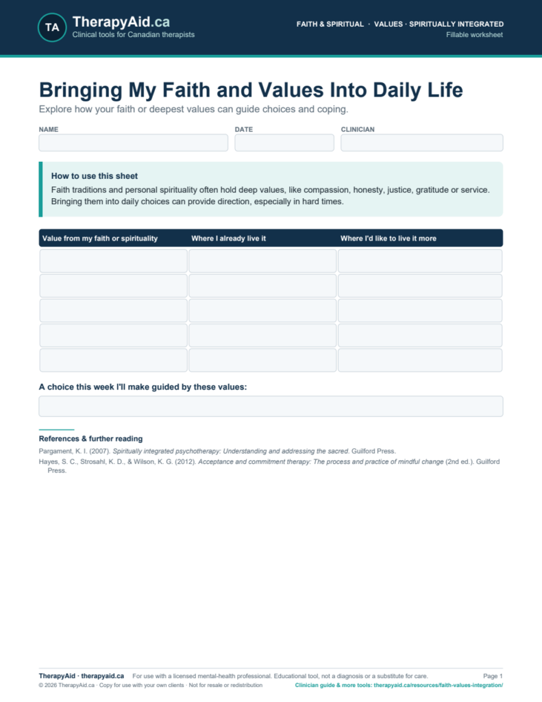 Preview of the Bringing My Faith and Values Into Daily Life worksheet