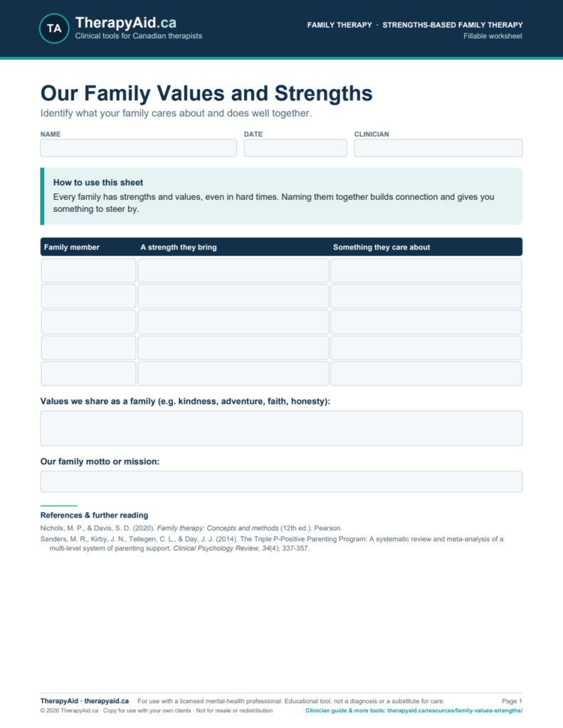 Preview of the Our Family Values and Strengths worksheet