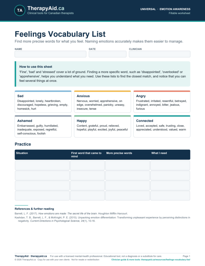 Preview of the Feelings Vocabulary List worksheet