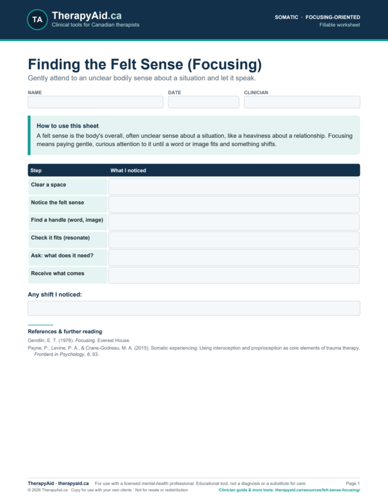 Preview of the Finding the Felt Sense (Focusing) worksheet