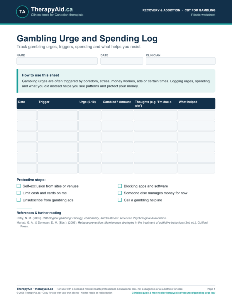 Preview of the Gambling Urge and Spending Log worksheet