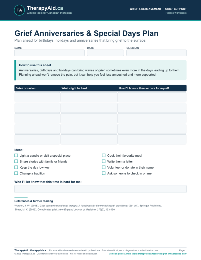 Preview of the Grief Anniversaries & Special Days Plan worksheet