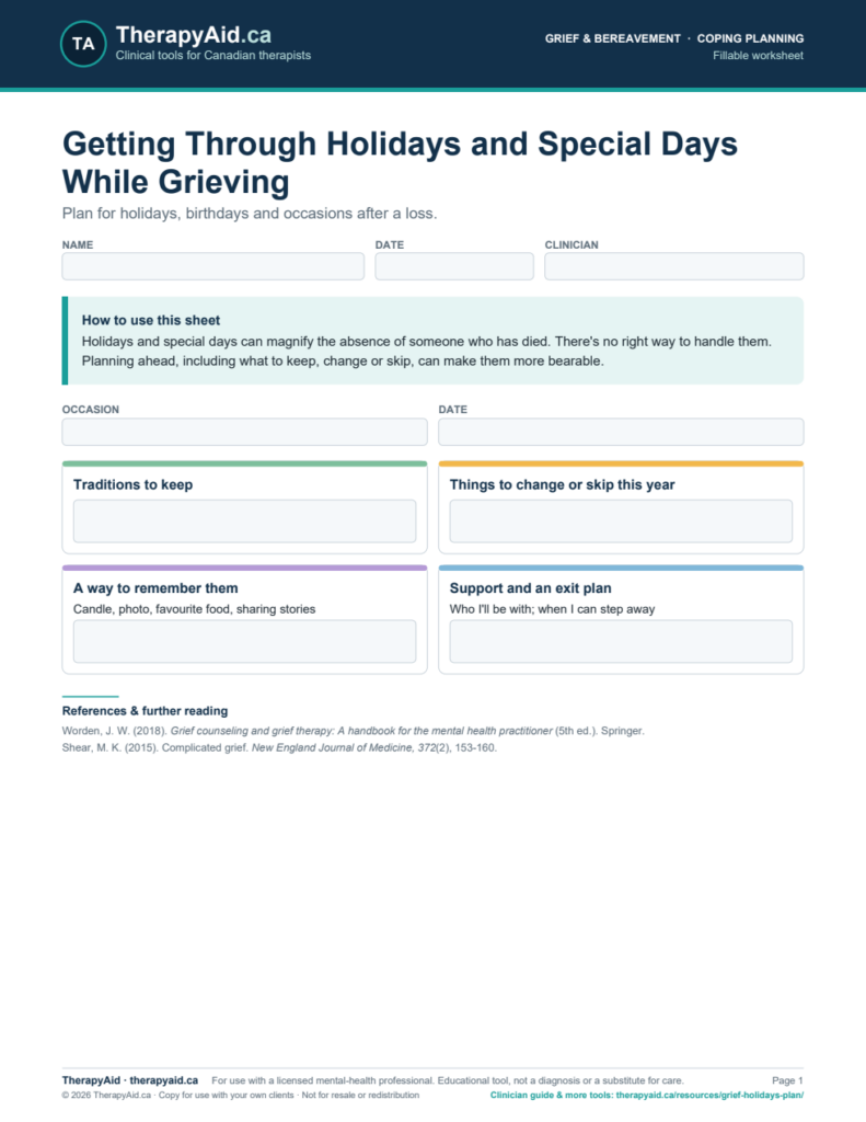 Preview of the Getting Through Holidays and Special Days While Grieving worksheet