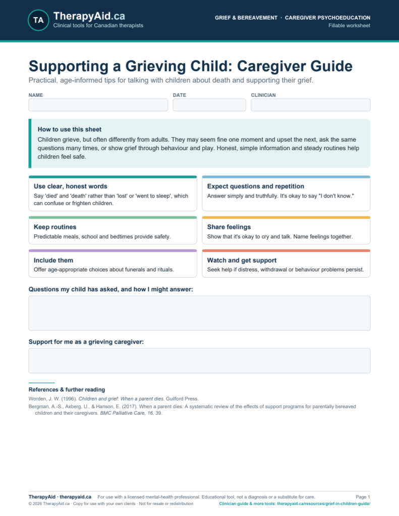 Preview of the Supporting a Grieving Child: Caregiver Guide worksheet