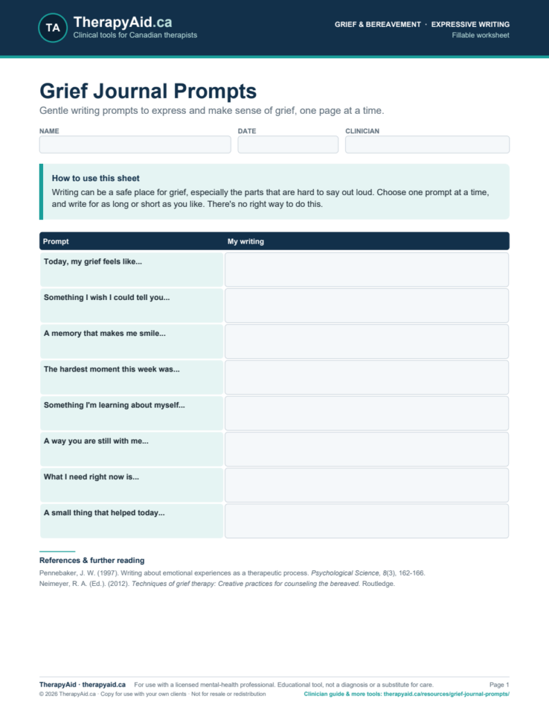 Preview of the Grief Journal Prompts worksheet