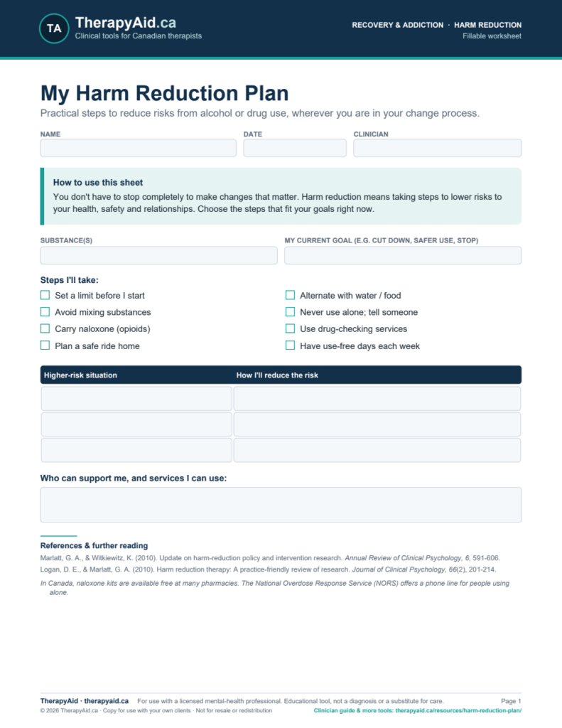 Preview of the My Harm Reduction Plan worksheet