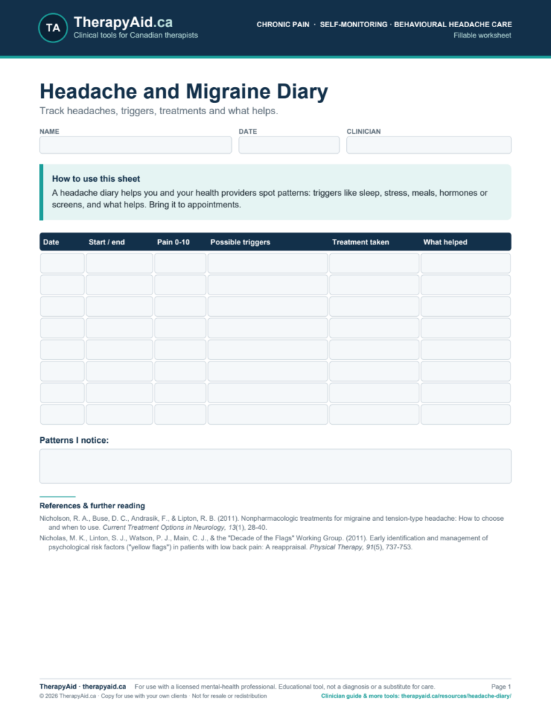 Preview of the Headache and Migraine Diary worksheet