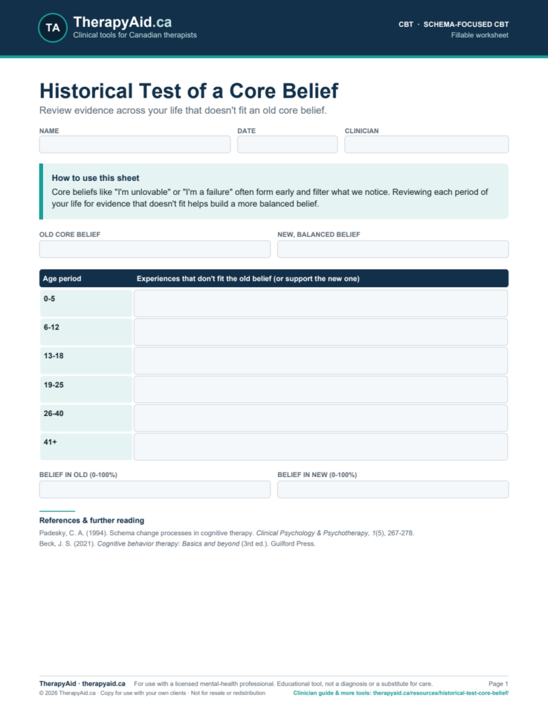 Preview of the Historical Test of a Core Belief worksheet