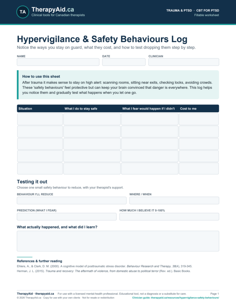 Preview of the Hypervigilance & Safety Behaviours Log worksheet