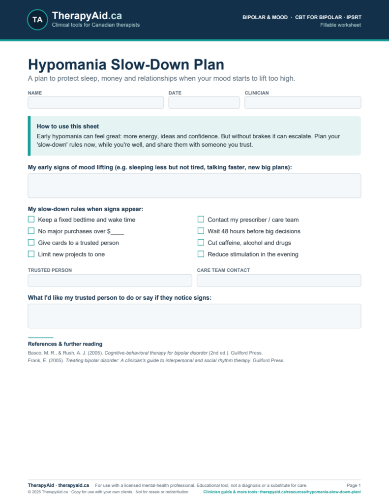 Preview of the Hypomania Slow-Down Plan worksheet