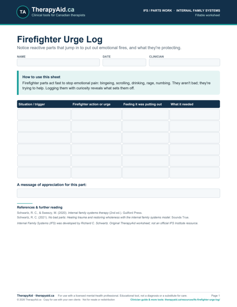 Preview of the Firefighter Urge Log worksheet