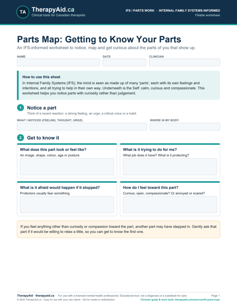 Preview of the Parts Map: Getting to Know Your Parts worksheet