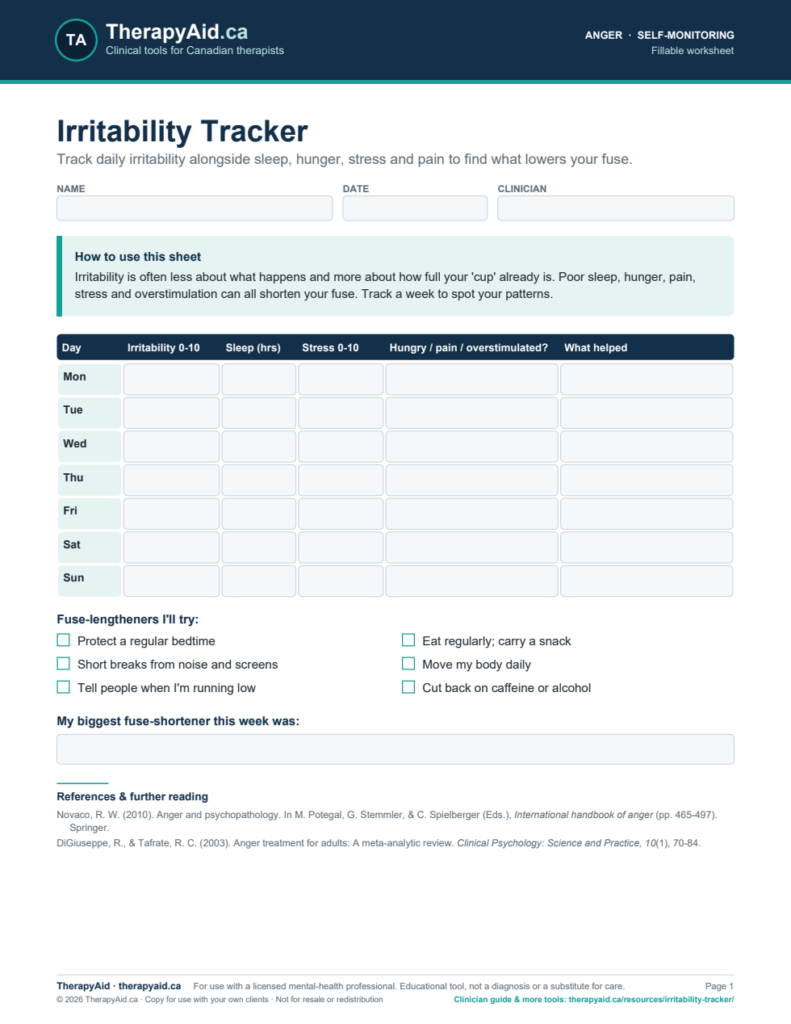 Preview of the Irritability Tracker worksheet