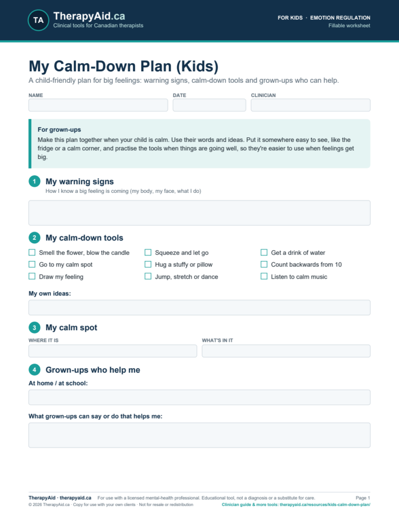 Preview of the My Calm-Down Plan (Kids) worksheet
