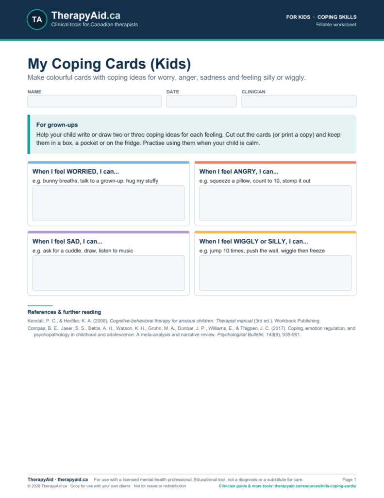 Preview of the My Coping Cards (Kids) worksheet