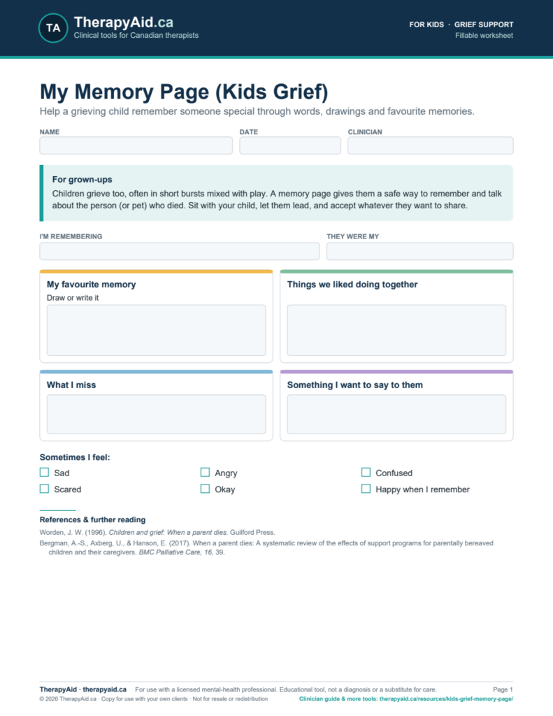 Preview of the My Memory Page (Kids Grief) worksheet