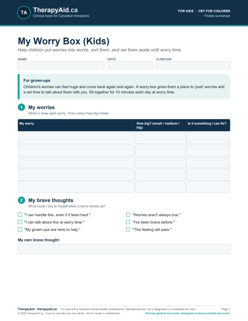 Preview of the My Worry Box (Kids) worksheet