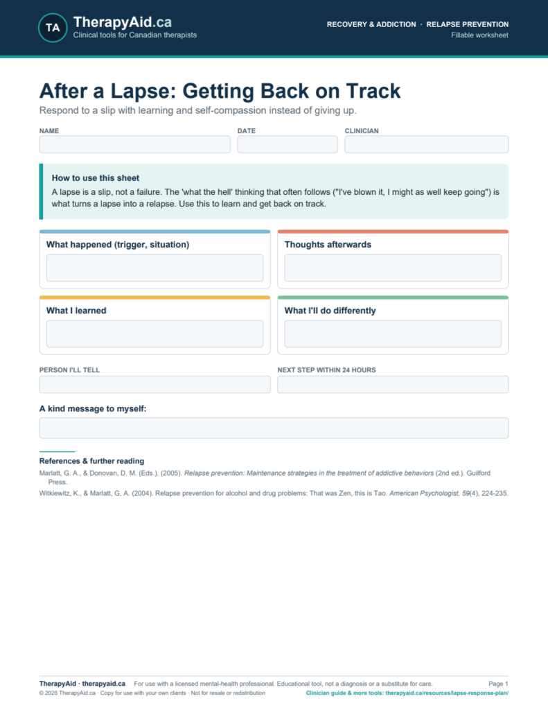 Preview of the After a Lapse: Getting Back on Track worksheet