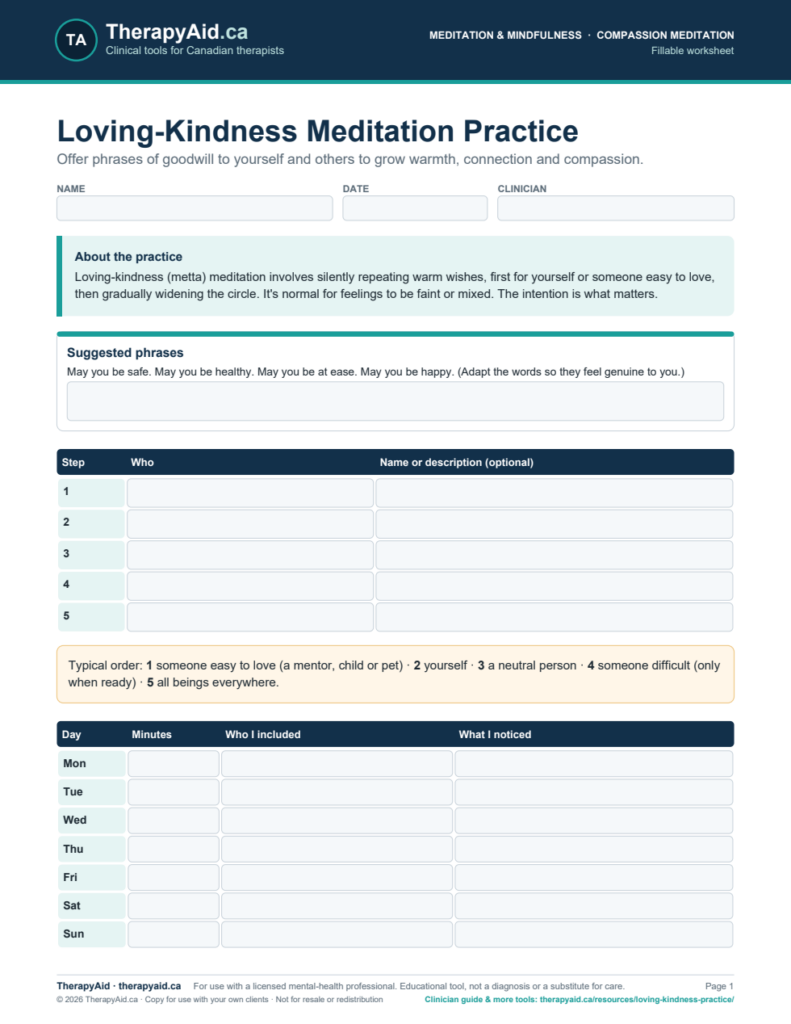Preview of the Loving-Kindness Meditation Practice worksheet