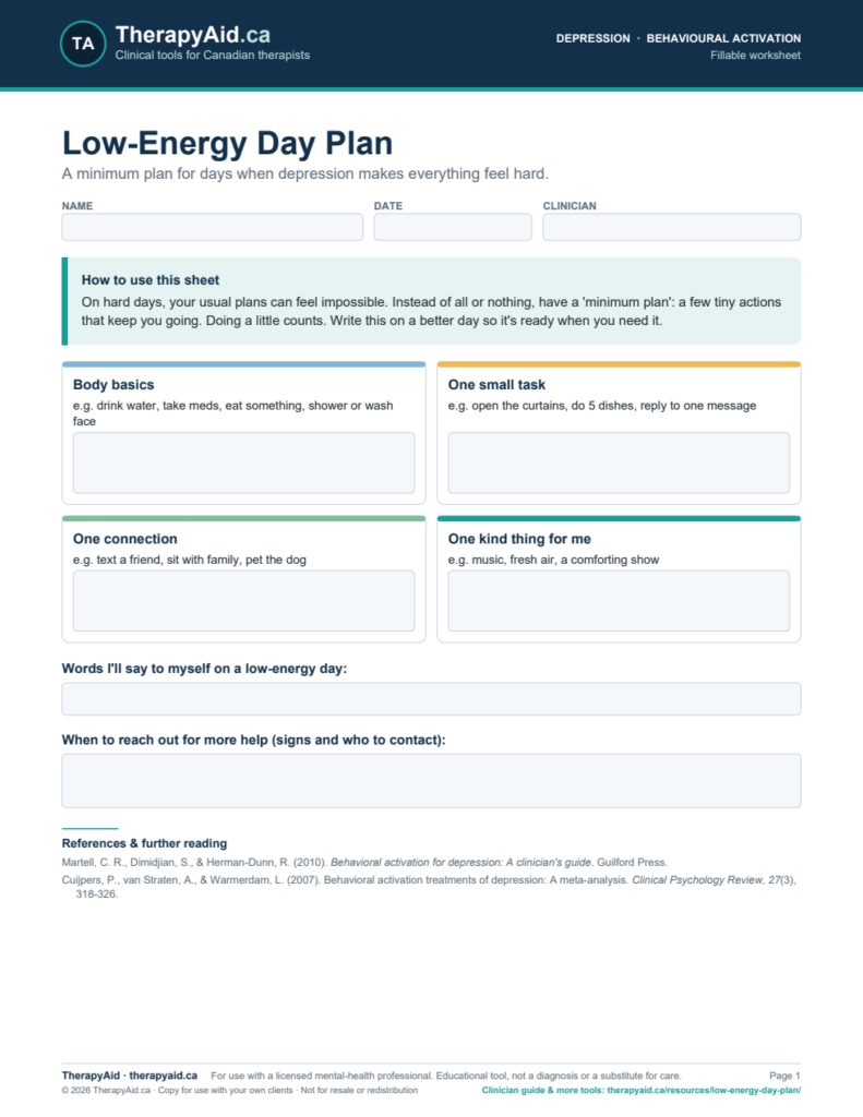 Preview of the Low-Energy Day Plan worksheet