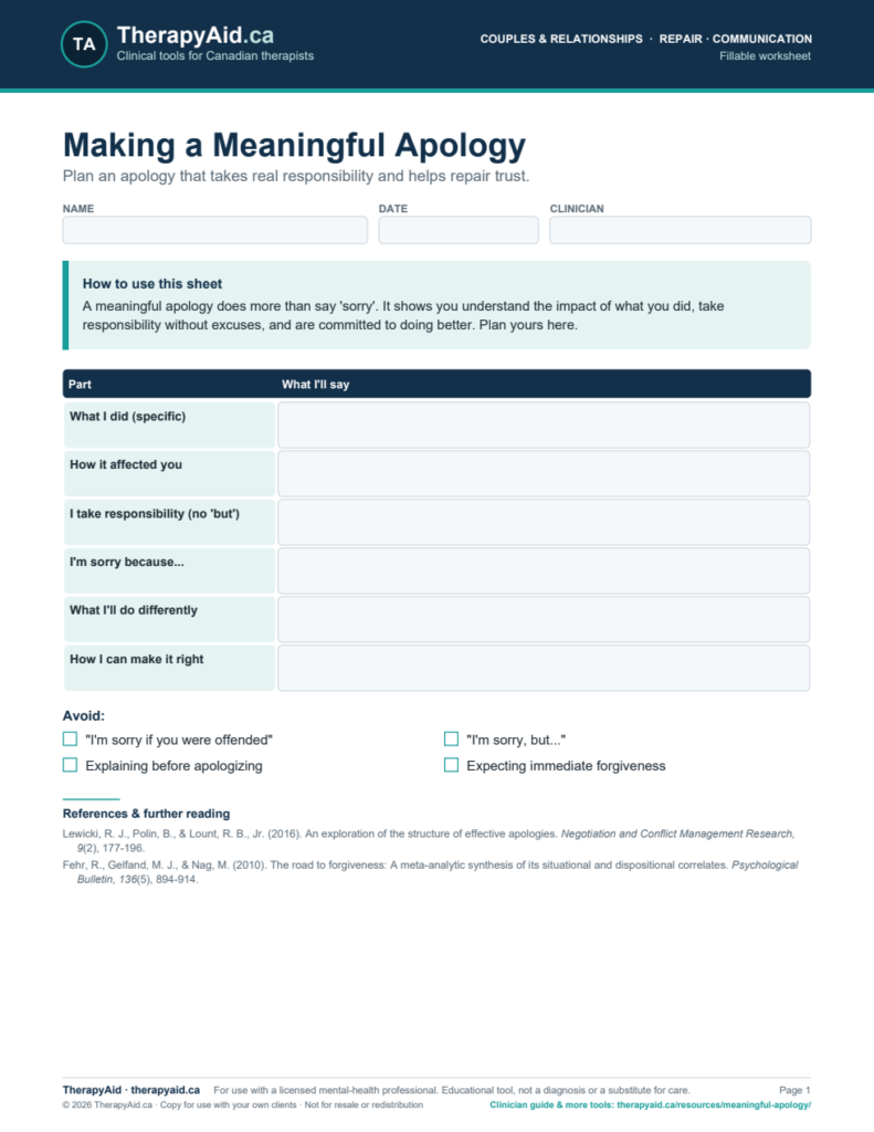 Preview of the Making a Meaningful Apology worksheet