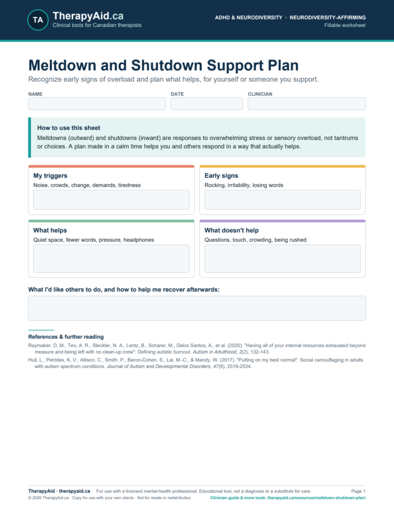 Preview of the Meltdown and Shutdown Support Plan worksheet