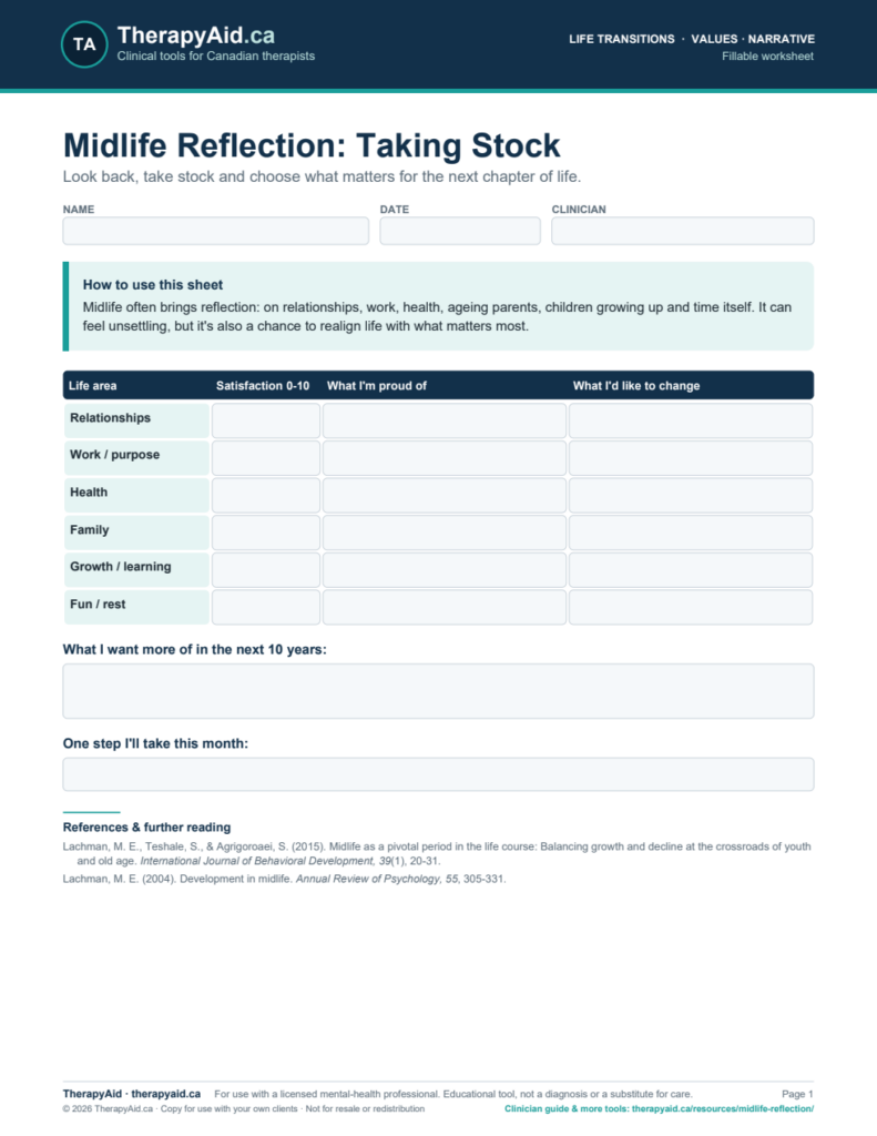 Preview of the Midlife Reflection: Taking Stock worksheet