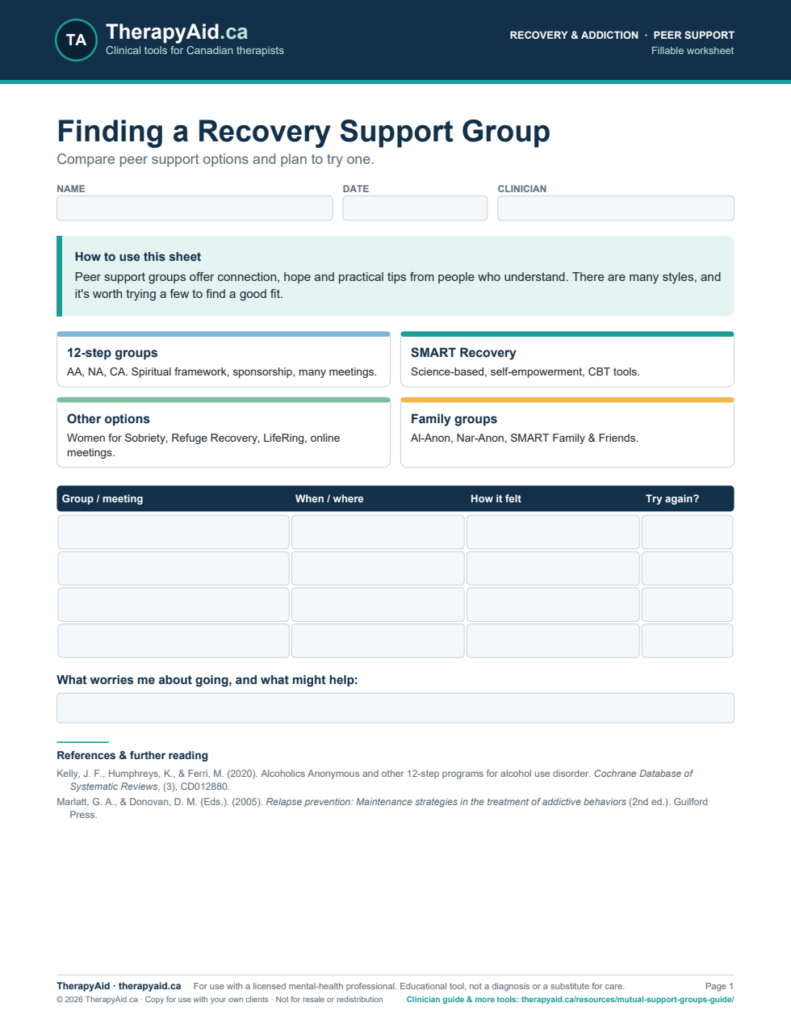 Preview of the Finding a Recovery Support Group worksheet