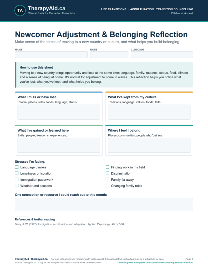 Preview of the Newcomer Adjustment & Belonging Reflection worksheet