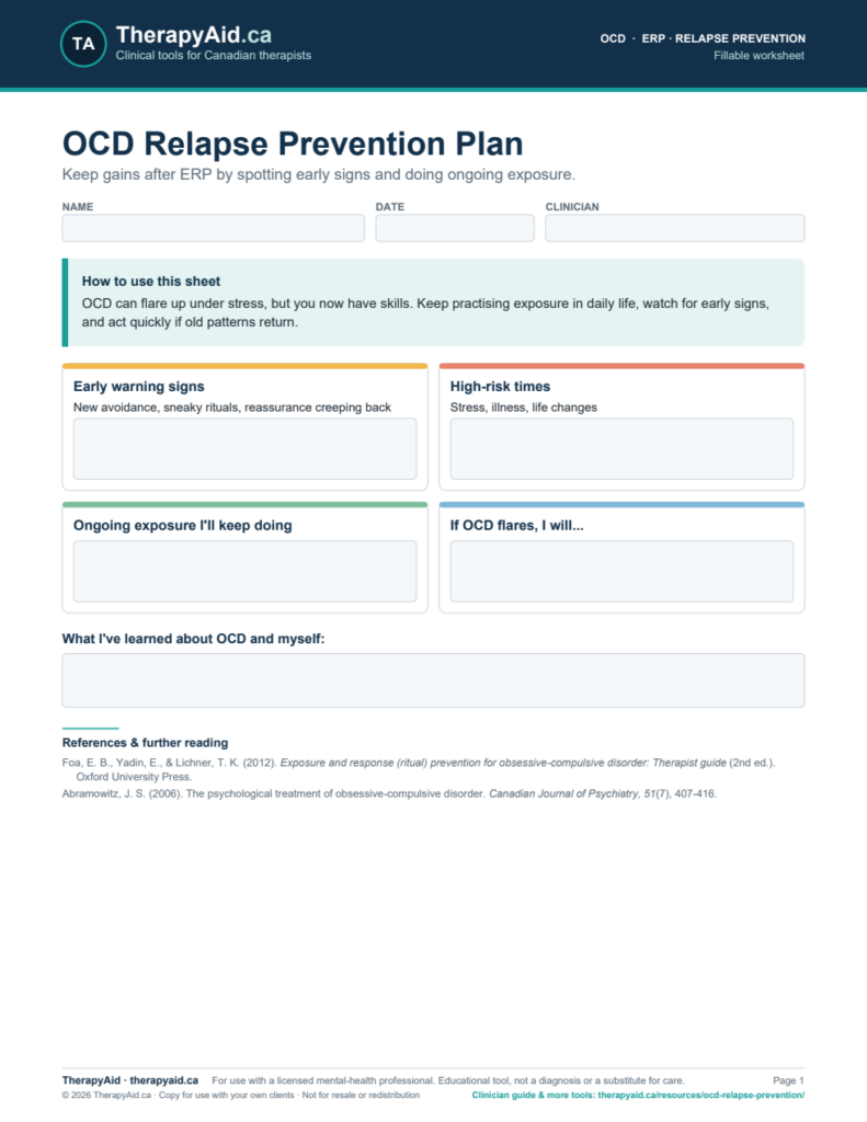 Preview of the OCD Relapse Prevention Plan worksheet