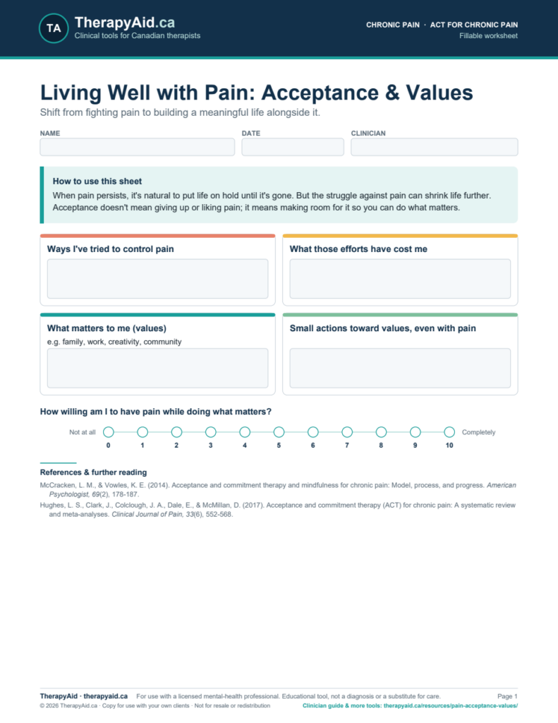Preview of the Living Well with Pain: Acceptance & Values worksheet