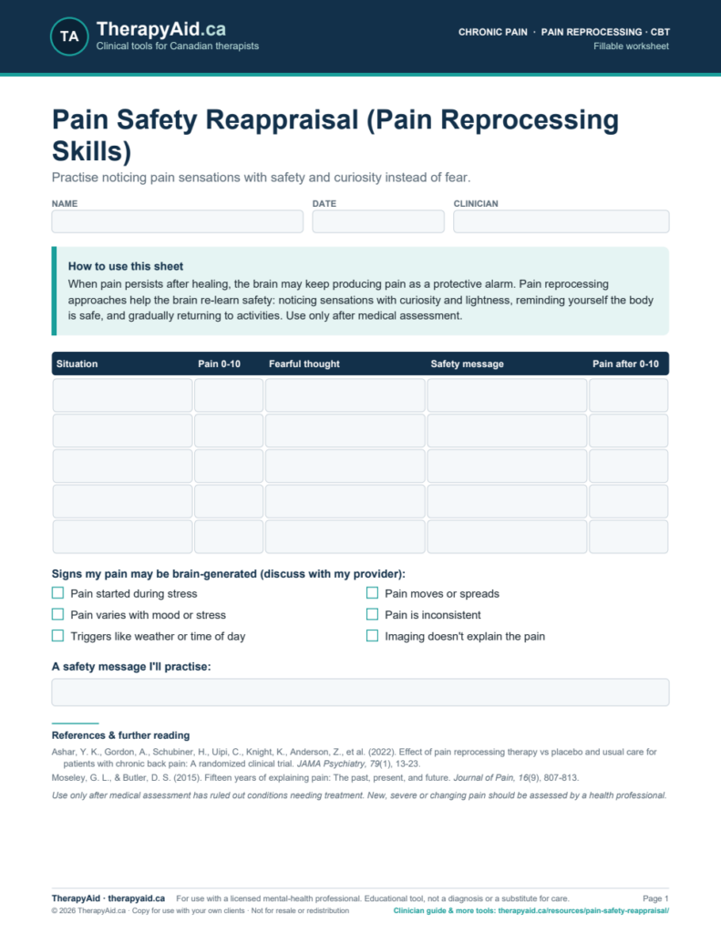 Preview of the Pain Safety Reappraisal (Pain Reprocessing Skills) worksheet