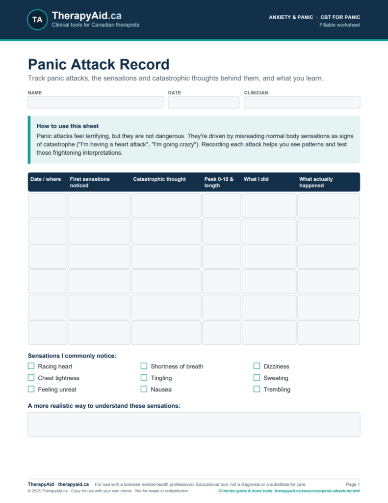 Preview of the Panic Attack Record worksheet