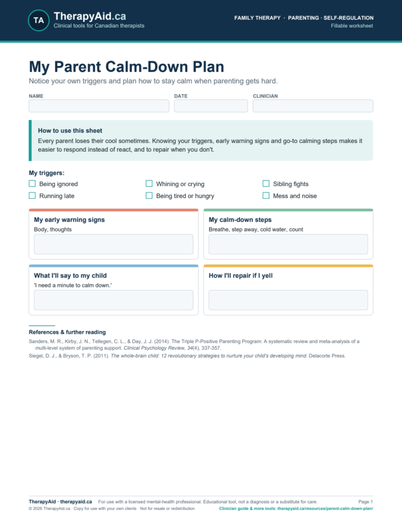 Preview of the My Parent Calm-Down Plan worksheet